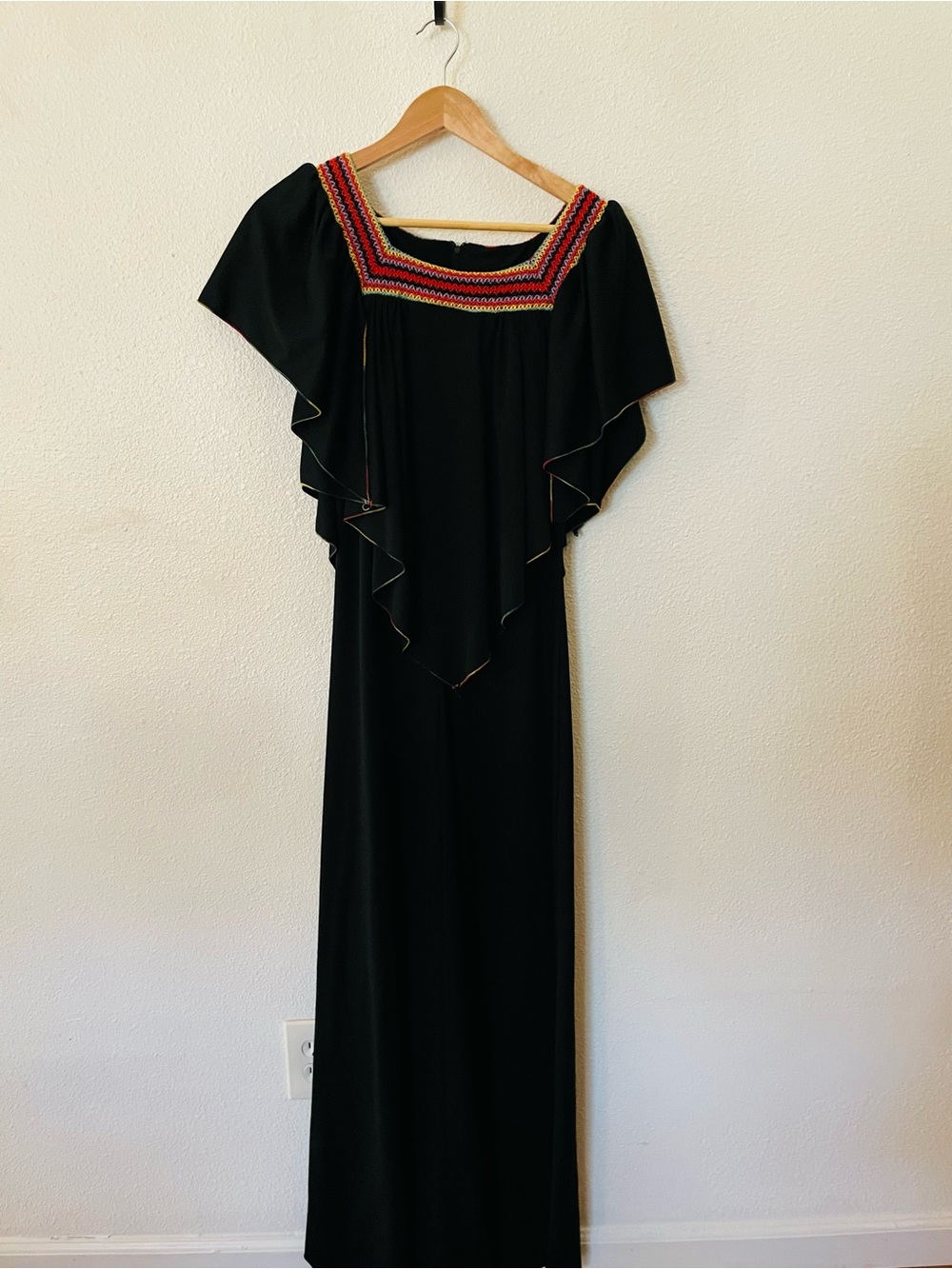 Vintage Black Maxi Dress with Multicolor Embroidered Square Neck Boho Festival
